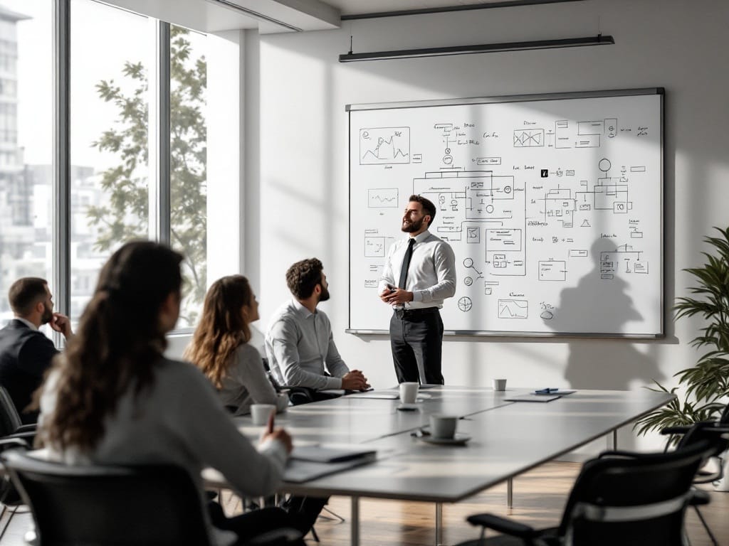 A man is making a presentation writing his vision for a project they thought was impossible. Now they see it is possible.